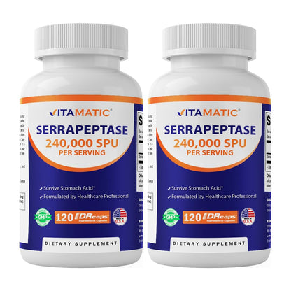 Vitamatic Serrapeptase 240k SPU - Delayed Release Capsules, Enteric Coated, Non-GMO, Made in USA (Pack of 2)