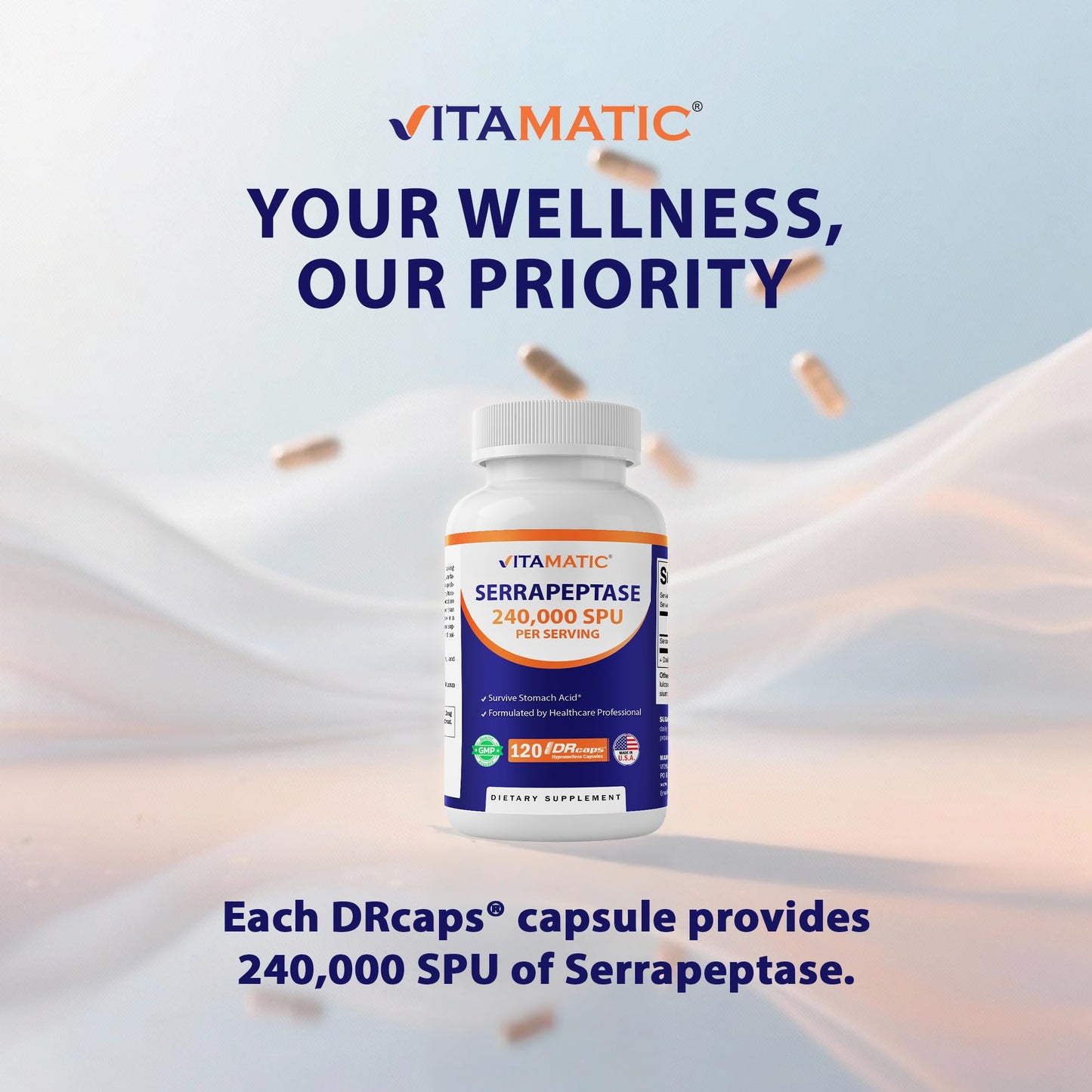 Vitamatic Serrapeptase 240k SPU - Delayed Release Capsules, Enteric Coated, Non-GMO, Made in USA (Pack of 2)