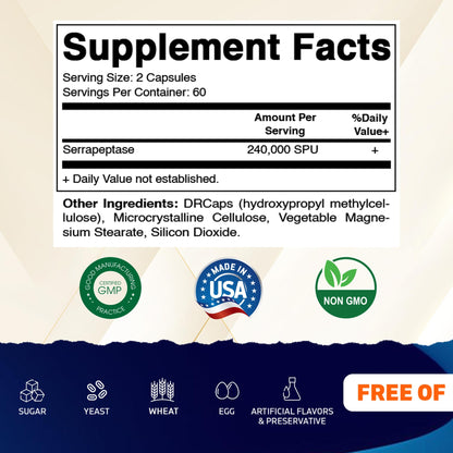 Vitamatic Serrapeptase 240,000 SPU | 120-Count Delayed-Release Enteric-Coated Capsules | Non-GMO, Made in USA
