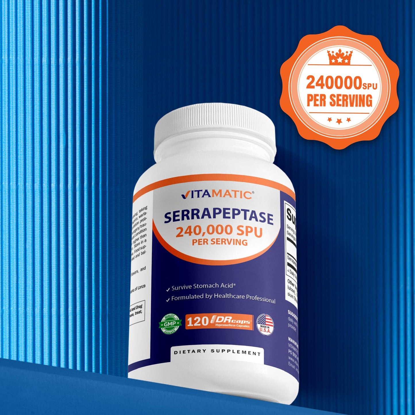 Vitamatic Serrapeptase 240,000 SPU | 120-Count Delayed-Release Enteric-Coated Capsules | Non-GMO, Made in USA