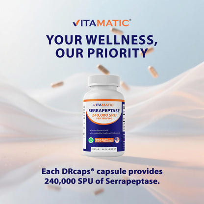 Vitamatic Serrapeptase 240,000 SPU | 120-Count Delayed-Release Enteric-Coated Capsules | Non-GMO, Made in USA