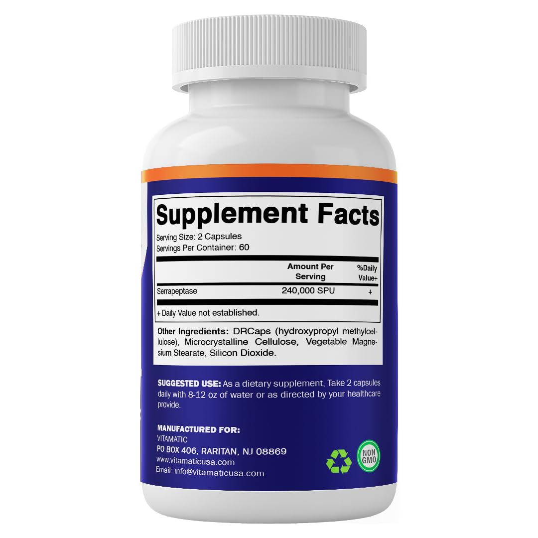 Vitamatic Serrapeptase 240k SPU - Delayed Release Capsules, Enteric Coated, Non-GMO, Made in USA (Pack of 2)