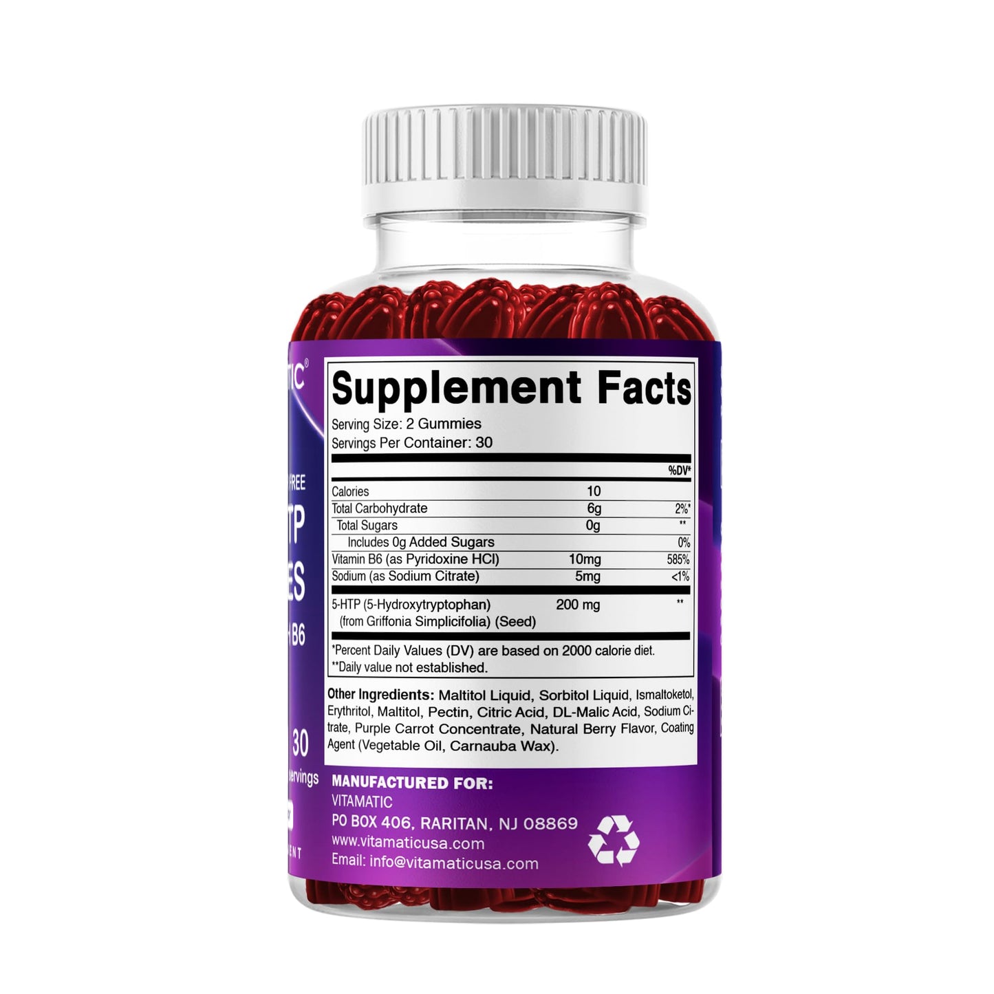Vitamatic Sugar Free 5-HTP 200mg Gummies with B6 – 60 Pectin-Based Vegan Gummies