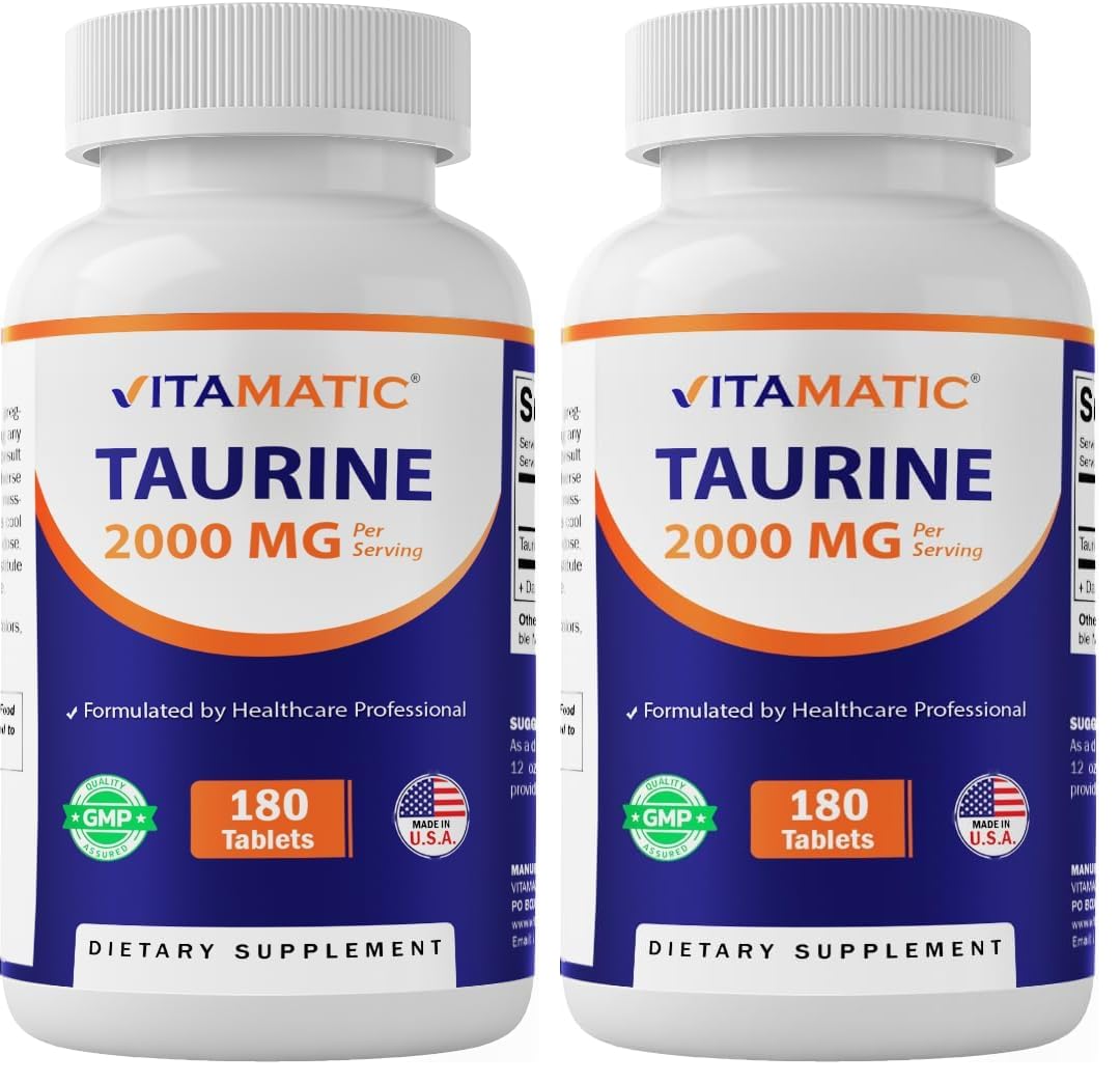 Vitamatic Taurine 2000mg Vegetarian Tablets – 180 Count, Non-GMO, Gluten Free (Pack of 2)
