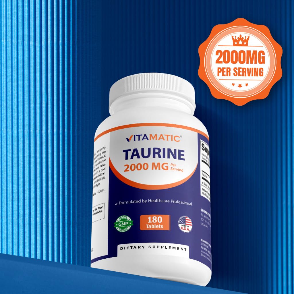 Vitamatic Taurine 2000mg Vegetarian Tablets – 180 Count, Non-GMO, Gluten Free (Pack of 2)