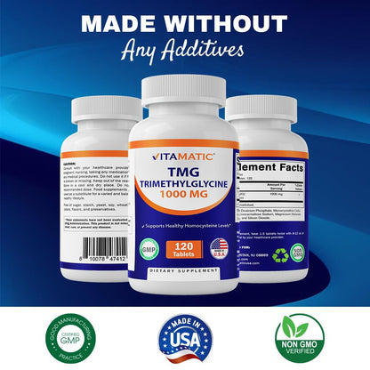 Vitamatic TMG 1000mg – Trimethylglycine (Betaine Anhydrous) | 120 Tablets, 120 Servings – Non-GMO & Gluten Free