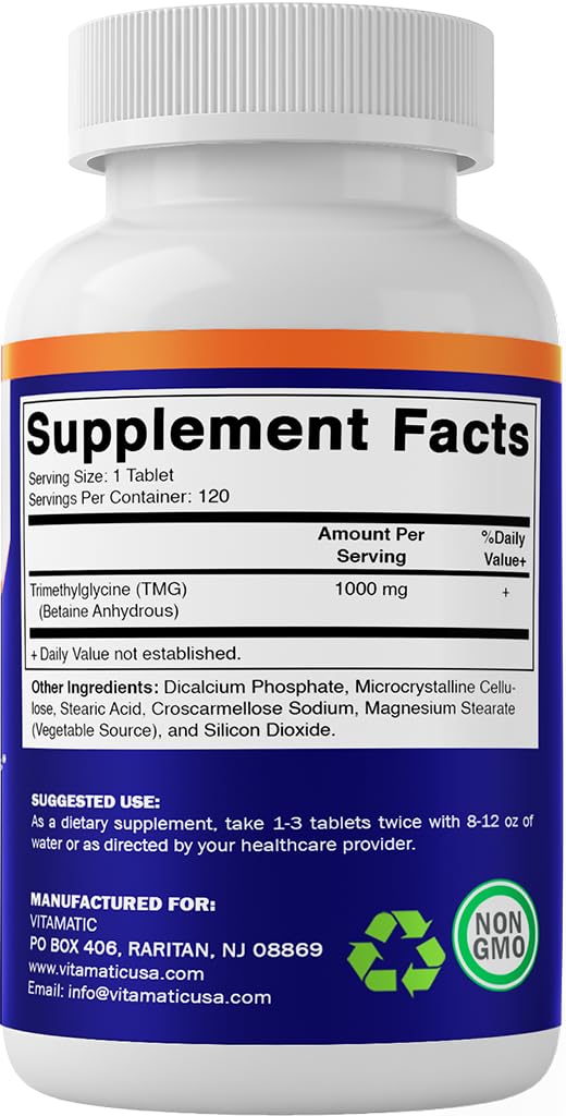 Vitamatic TMG 1000mg – Trimethylglycine (Betaine Anhydrous) | 120 Tablets, 120 Servings – Non-GMO & Gluten Free