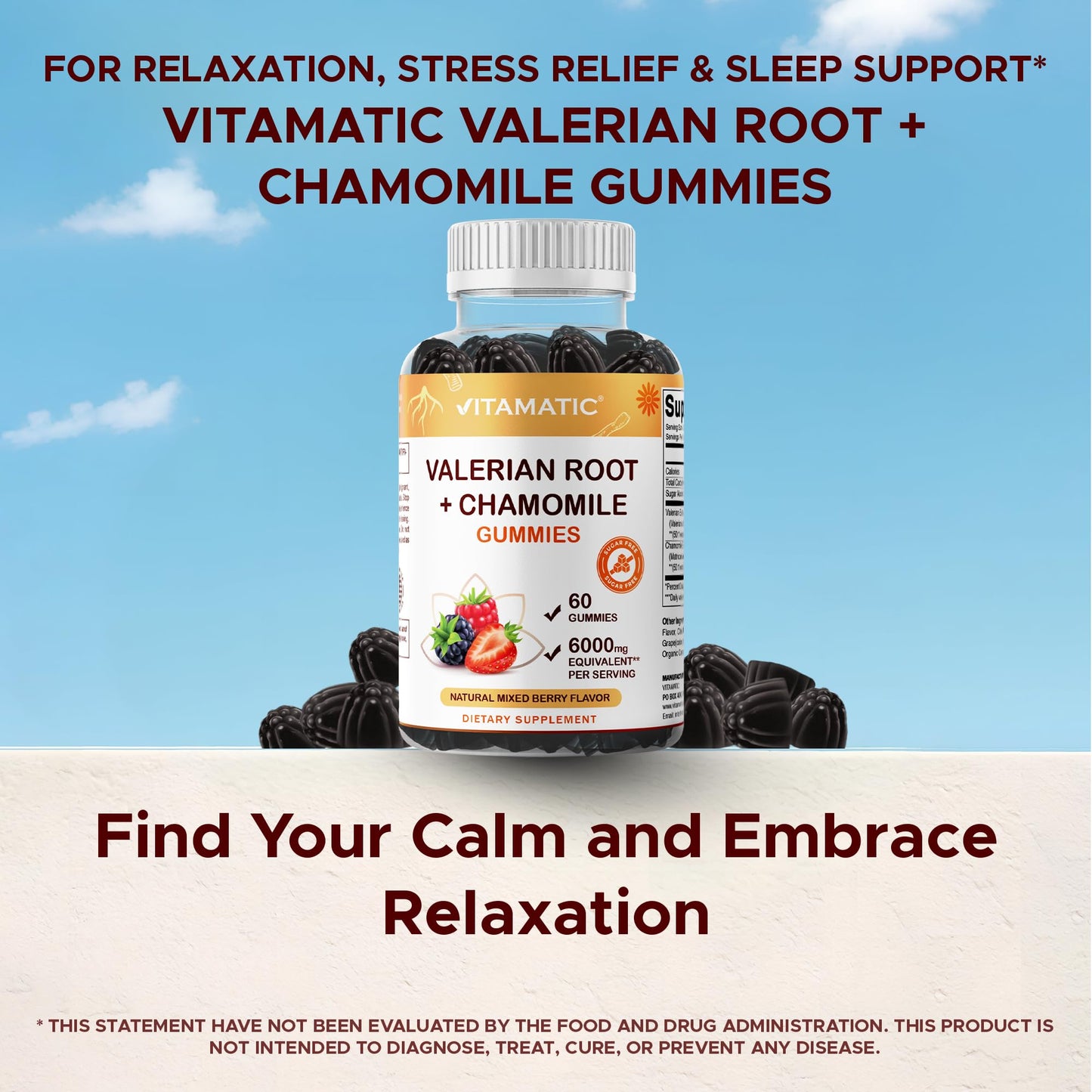 Vitamatic Valerian Root Chamomile Gummies – 6000 mg per Serving, Mixed Berry – 60 Gummies | Non-GMO, Gluten-Free