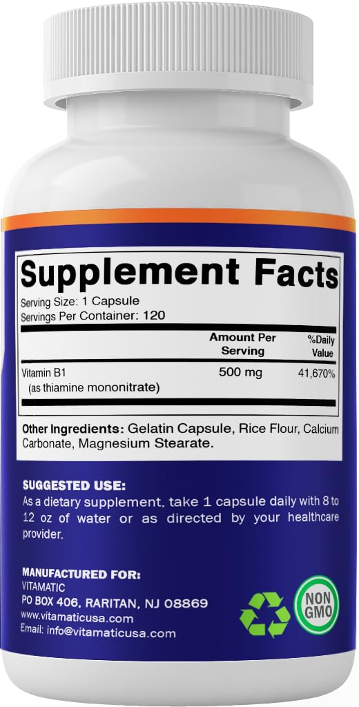 Vitamatic Vitamin B1 (Thiamine) 500mg – 120 Capsules | Non-GMO, Gluten Free