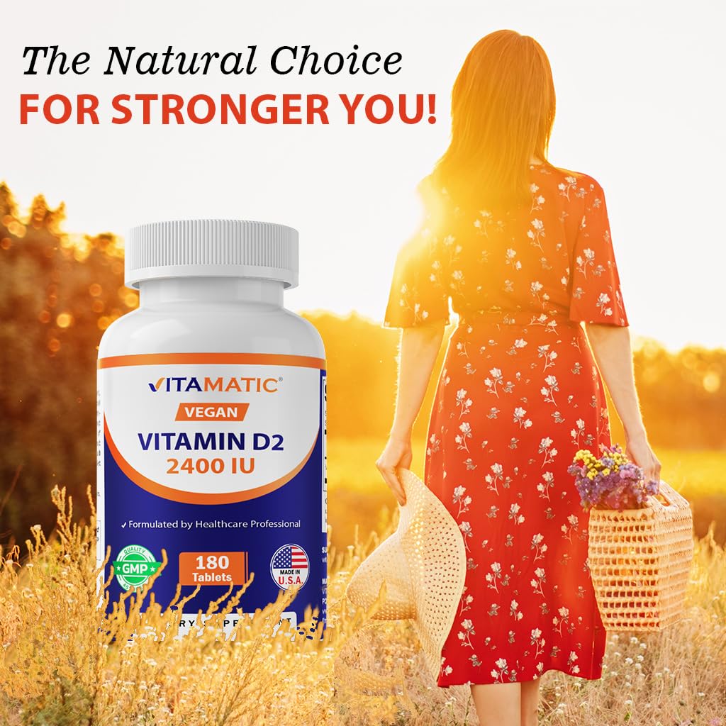 Vitamatic Vitamin D2 60 mcg (2400 IU) - Ergocalciferol | 180 Vegetarian Tablets (1 Bottle)