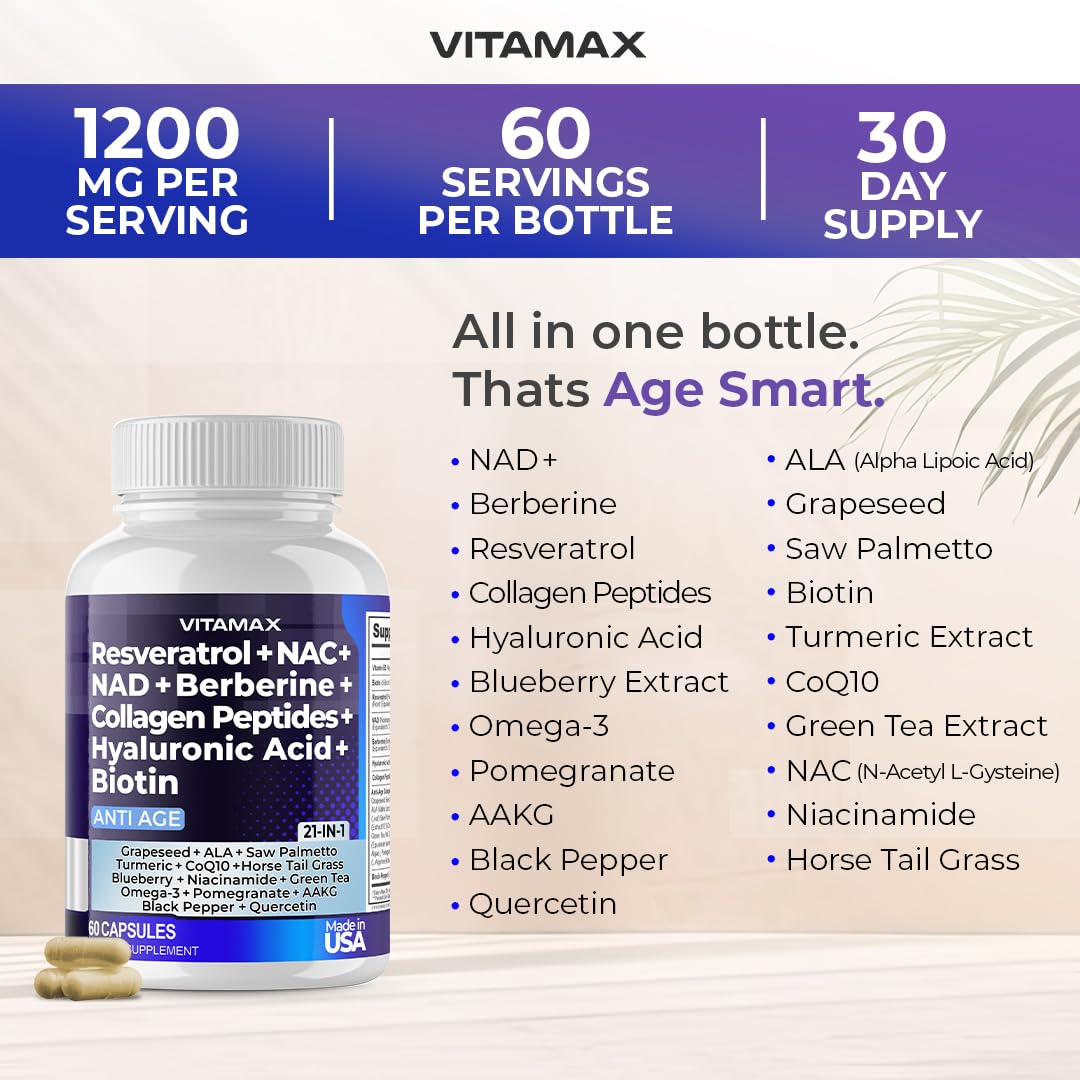 Vitamax 21-in-1 Age Smart NAD+ Resveratrol Berberine – Made in USA