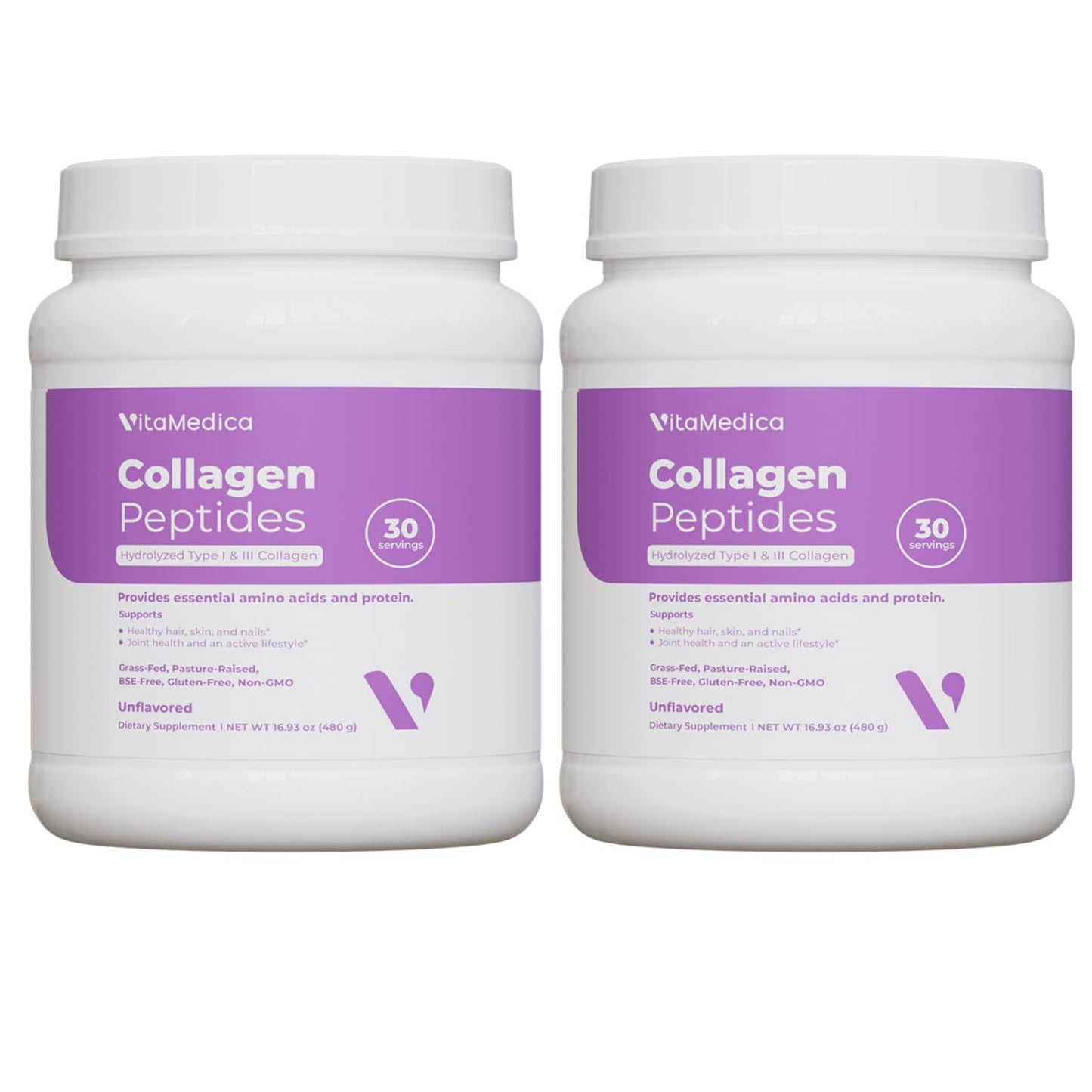VitaMedica Collagen Peptides Powder – Grass-Fed, Hydrolyzed Types I & III, Zero Sugar, Pack of 2