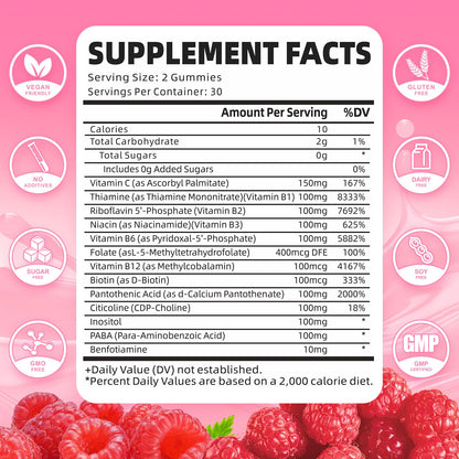 Vitamin B Complex Gummies – All B Vitamins + Methyl B12 | Energy & Immune Support | Raspberry Flavor (60 Count)