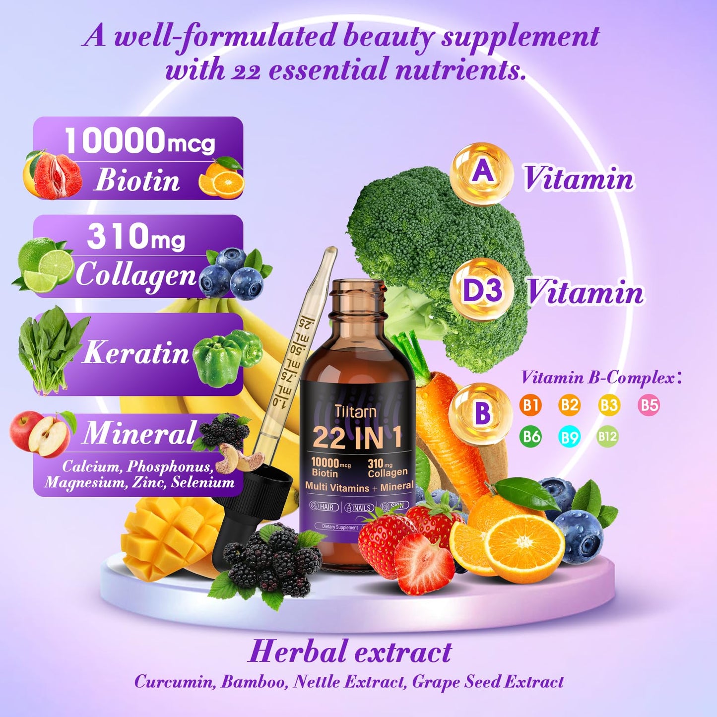 Liquid Collagen, Biotin & Hyaluronic Acid – Hair Growth Vitamins & Minerals (60ml) | Hair, Skin & Nails Support