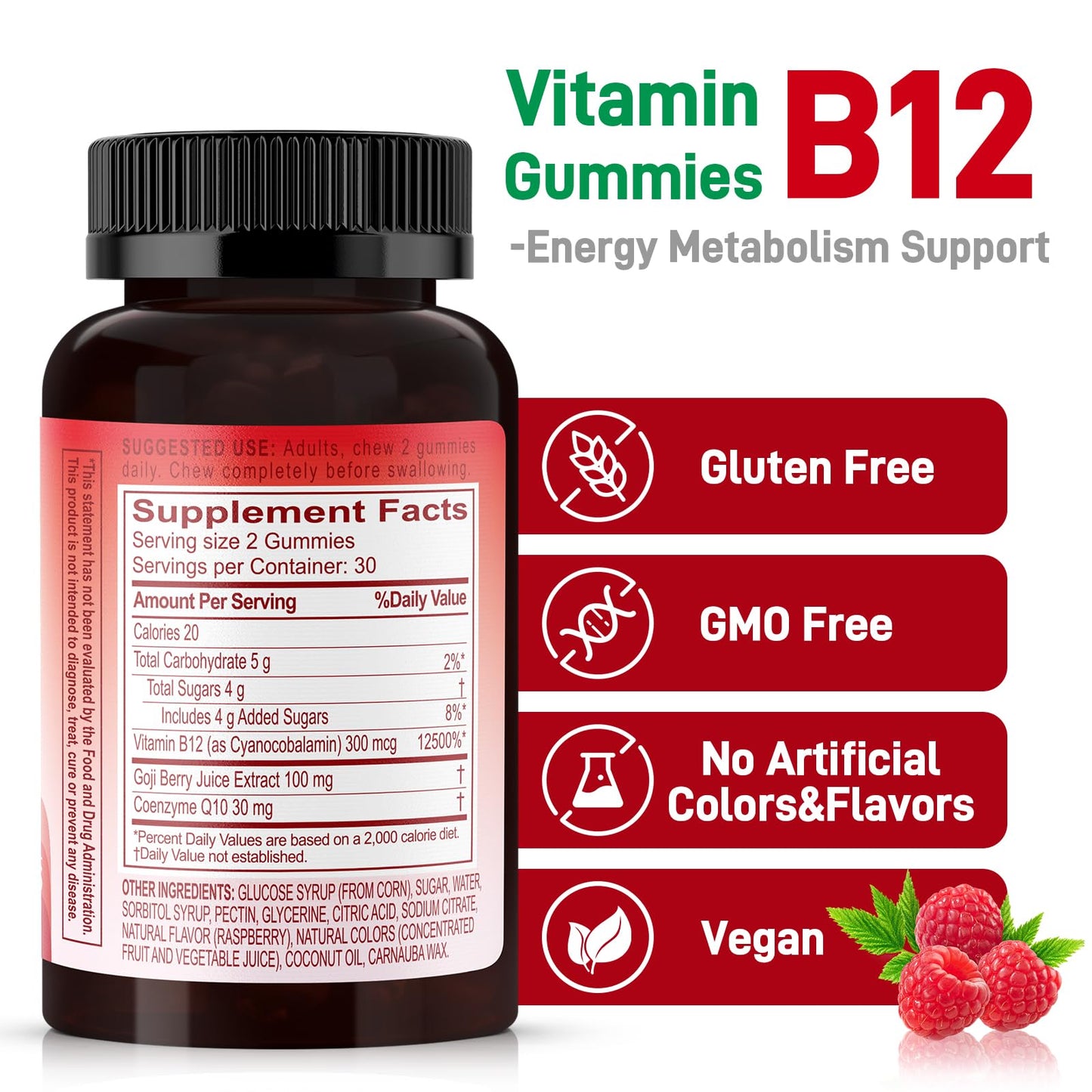 Natural Energy Gummies with B12, Goji & CoQ10 – Raspberry, 60 Count | GMO Free & Gluten Free