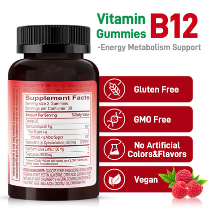 Natural Energy Gummies with B12, Goji & CoQ10 – Raspberry, 60 Count | GMO Free & Gluten Free