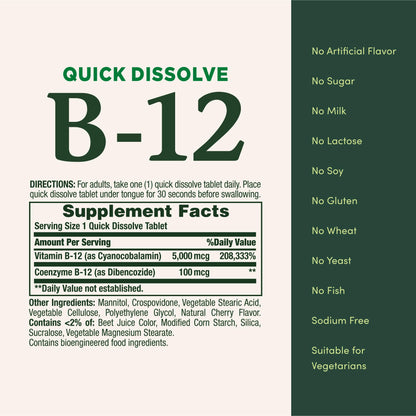 Vitamin B12 by Nature's Bounty - Quick Dissolve 5000mcg (80 Tablets Pack of 2)