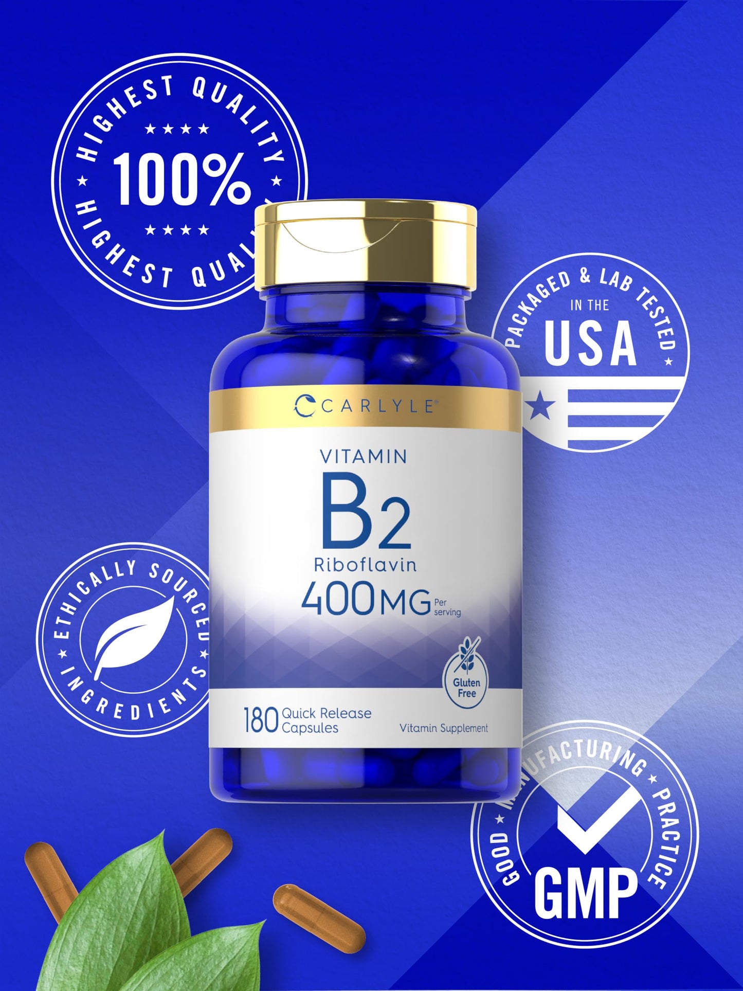 Carlyle Vitamin B-2 400mg – 180 Count – Non-GMO & Gluten Free | B2 Riboflavin Supplement