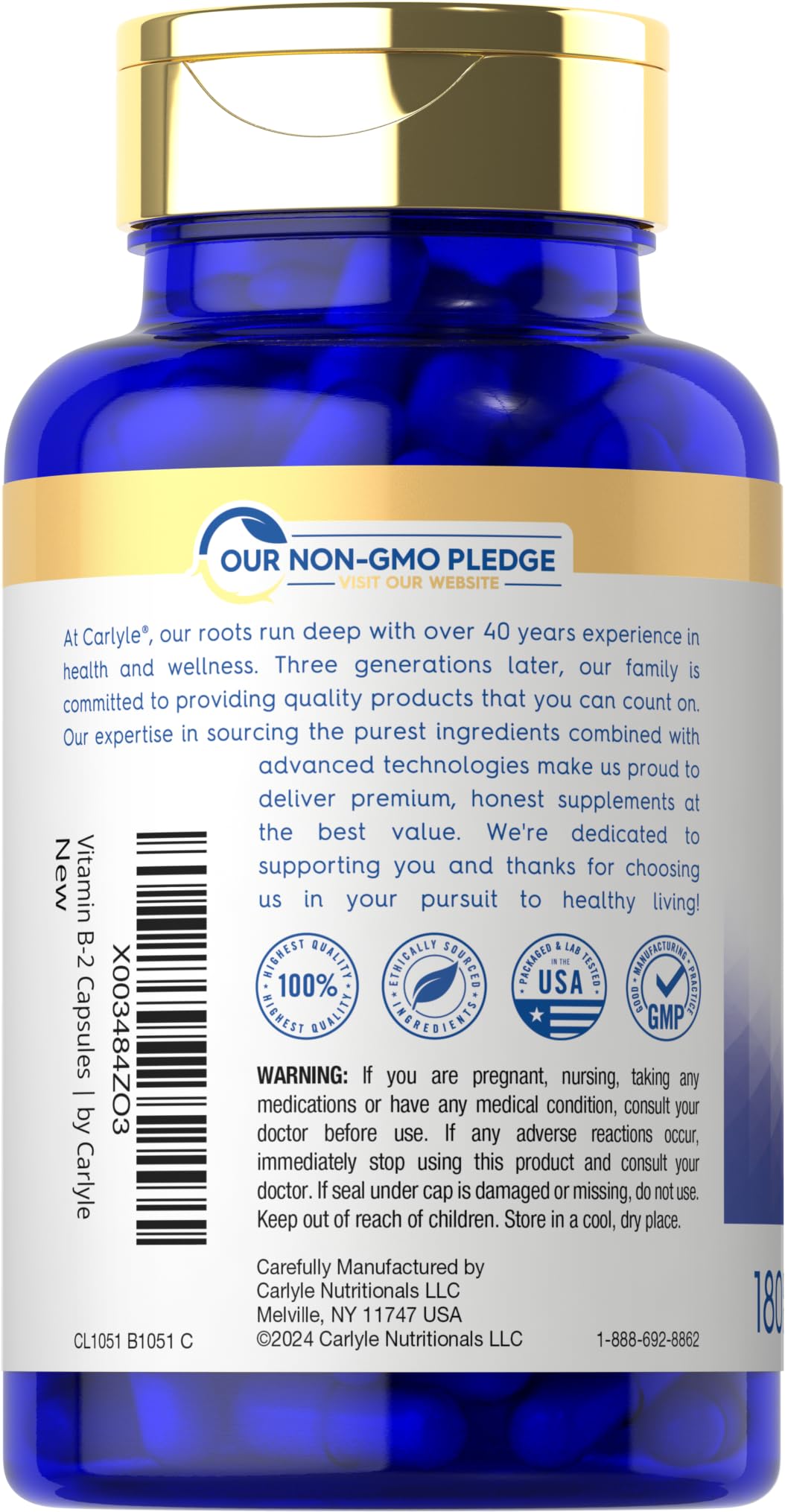 Carlyle Vitamin B-2 400mg – 180 Count – Non-GMO & Gluten Free | B2 Riboflavin Supplement
