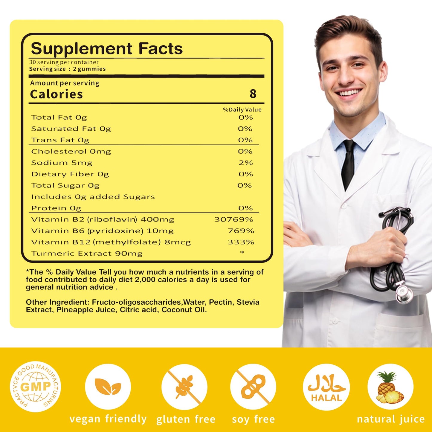 Vitamin B2 Gummies Riboflavin 400mg – Vegan Pineapple Turmeric B Complex (60 Count)