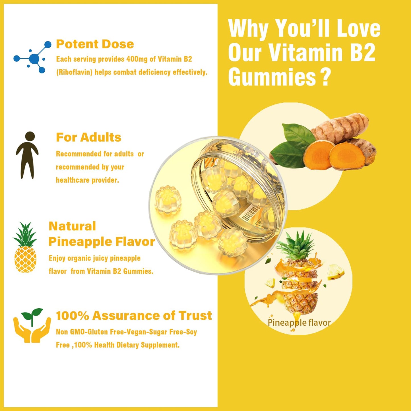 Vitamin B2 Gummies Riboflavin 400mg – Vegan Pineapple Turmeric B Complex (60 Count)