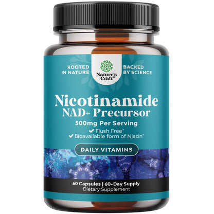 Vitamin B3 Niacinamide 500mg Capsules - Flush Free Niacin 60 Count