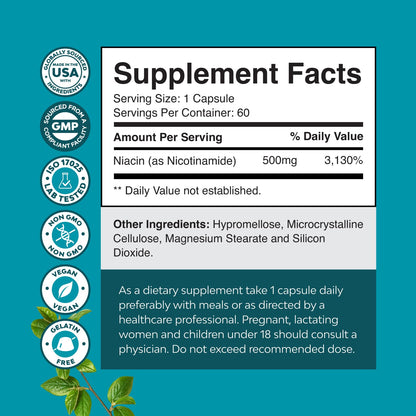 Vitamin B3 Niacinamide 500mg Capsules - Flush Free Niacin 60 Count