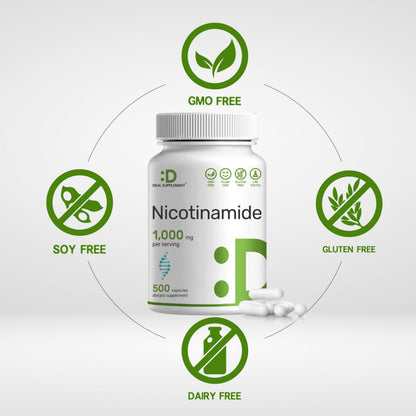 DEAL SUPPLEMENT Vitamin B3 Nicotinamide 1,000mg – 500 Capsules, Flush Free, Non-GMO