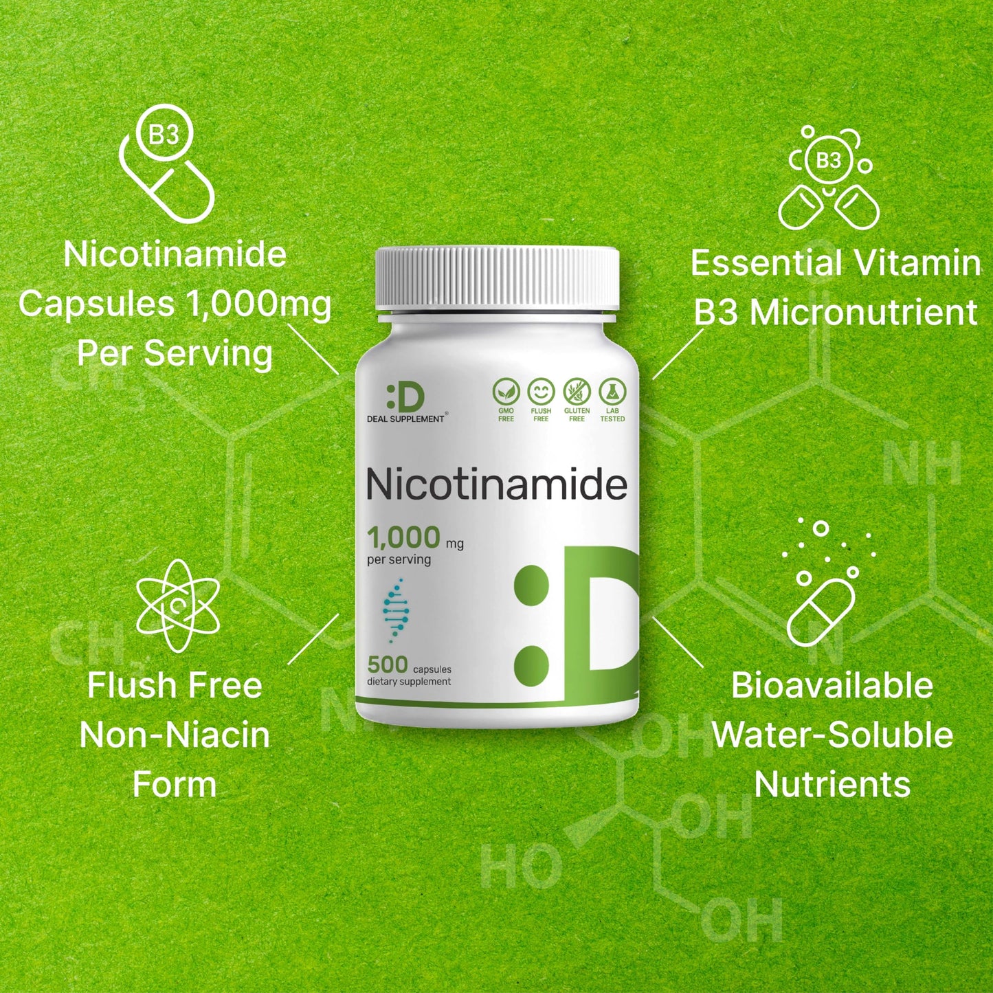 DEAL SUPPLEMENT Vitamin B3 Nicotinamide 1,000mg – 500 Capsules, Flush Free, Non-GMO
