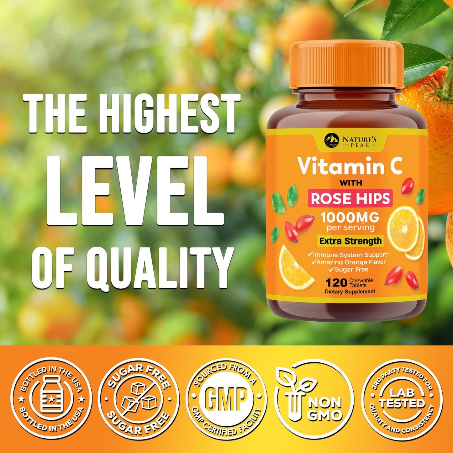 Vitamin C 1000mg Chewable – Extra Strength Immune Support (Vegan, Orange) | 120 Tablets