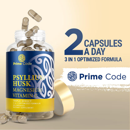 Prime Code Psyllium Husk Capsules 1000mg with Magnesium Citrate & Vitamin C | Non-GMO, Gluten & Soy Free | Vegan