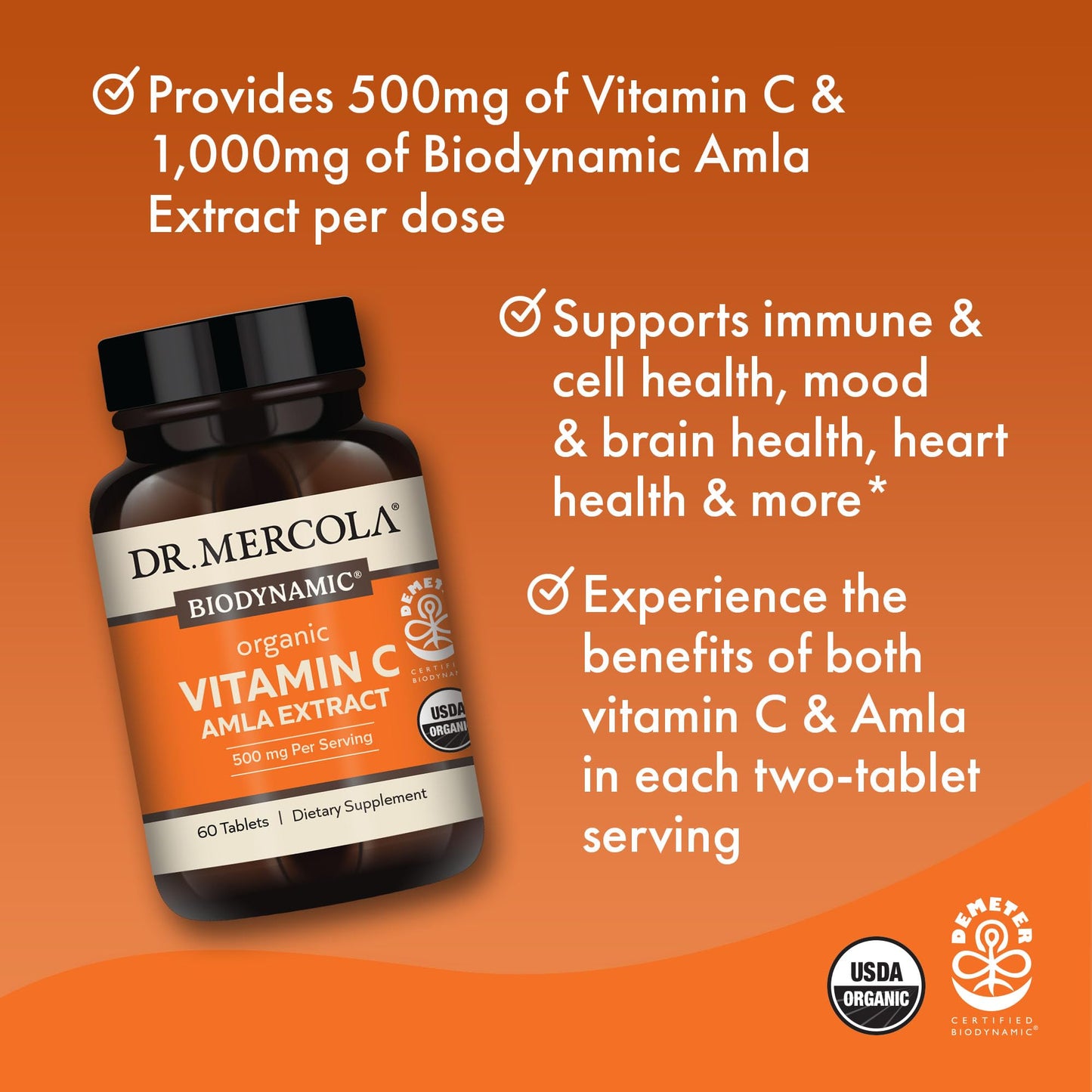 Dr. Mercola Biodynamic Organic Vitamin C Amla Extract – 500 mg Vitamin C, 60 Tablets (30 Servings), Non-GMO