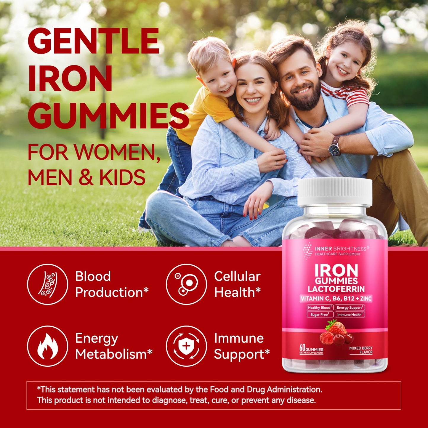 Iron Gummies with Lactoferrin, Vitamin C, B6, B12 & Zinc – Sugar-Free, Vegan (60 Count)