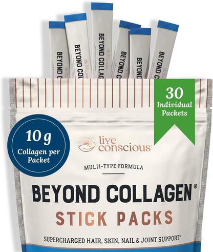 Live Conscious Beyond Collagen Peptides Powder – Unflavored Packets, Hydrolyzed Multi-Type Collagen for Hair, Skin, Nails & Joints (30 Pack, 2pk)