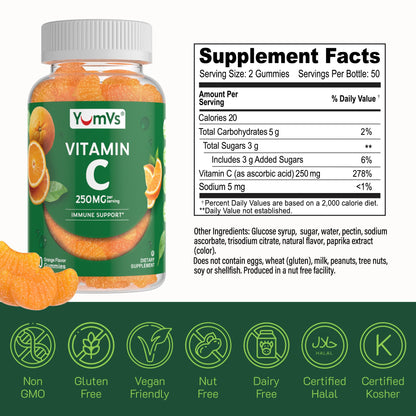 Vitamin C Gummies for Adults – 250 mg Orange Flavor | YumVs VIT C Gummies