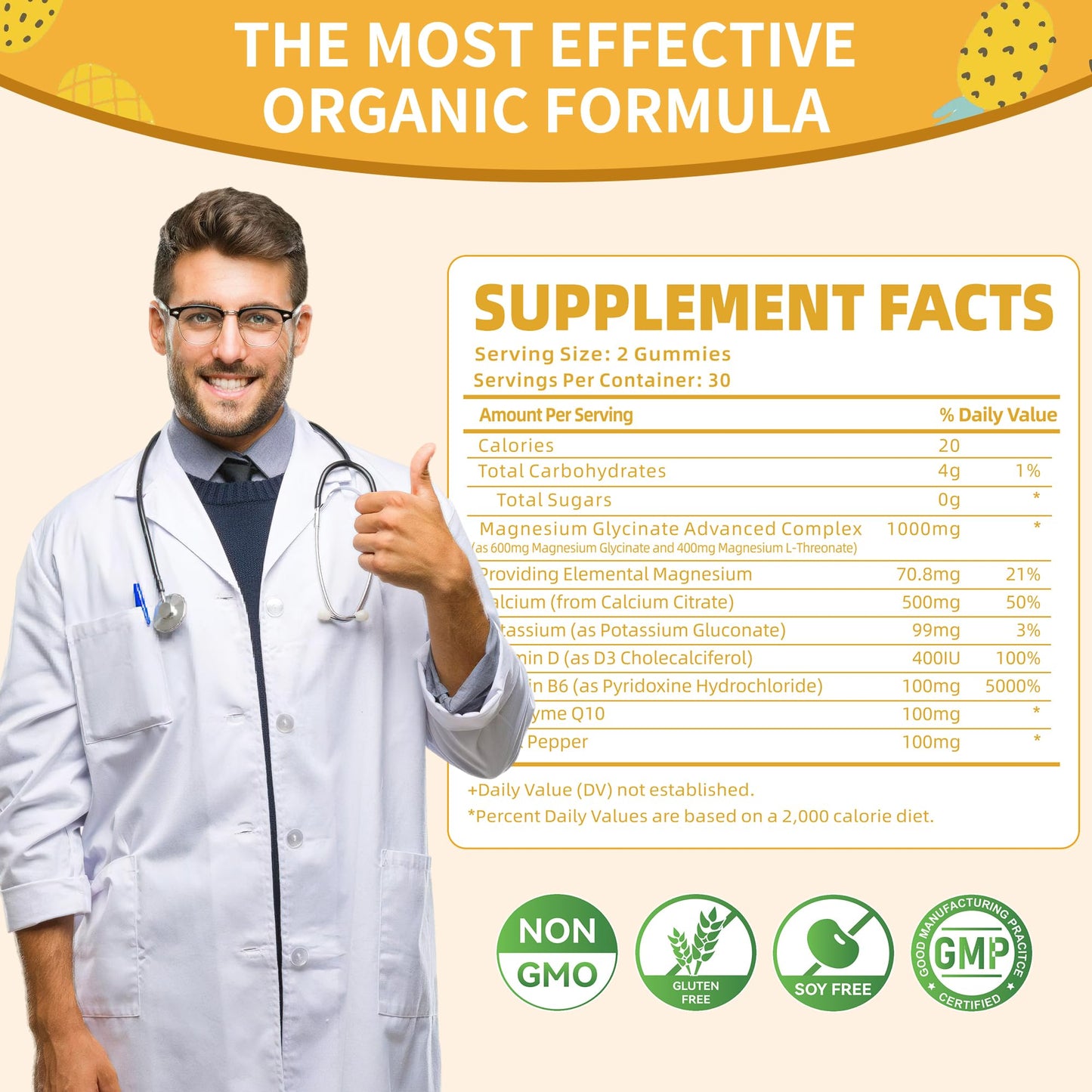 Nature's Aid Magnesium Glycinate Gummies 1000mg – Sugar-Free Pineapple Gummies with Vitamin D, B6 & CoQ10 (120 each, 2 Pack)