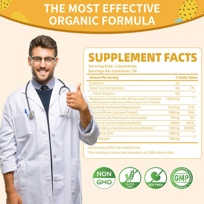 Nature's Aid Magnesium Glycinate Gummies 1000mg – Sugar-Free Pineapple Gummies with Vitamin D, B6 & CoQ10 (120 each, 2 Pack)