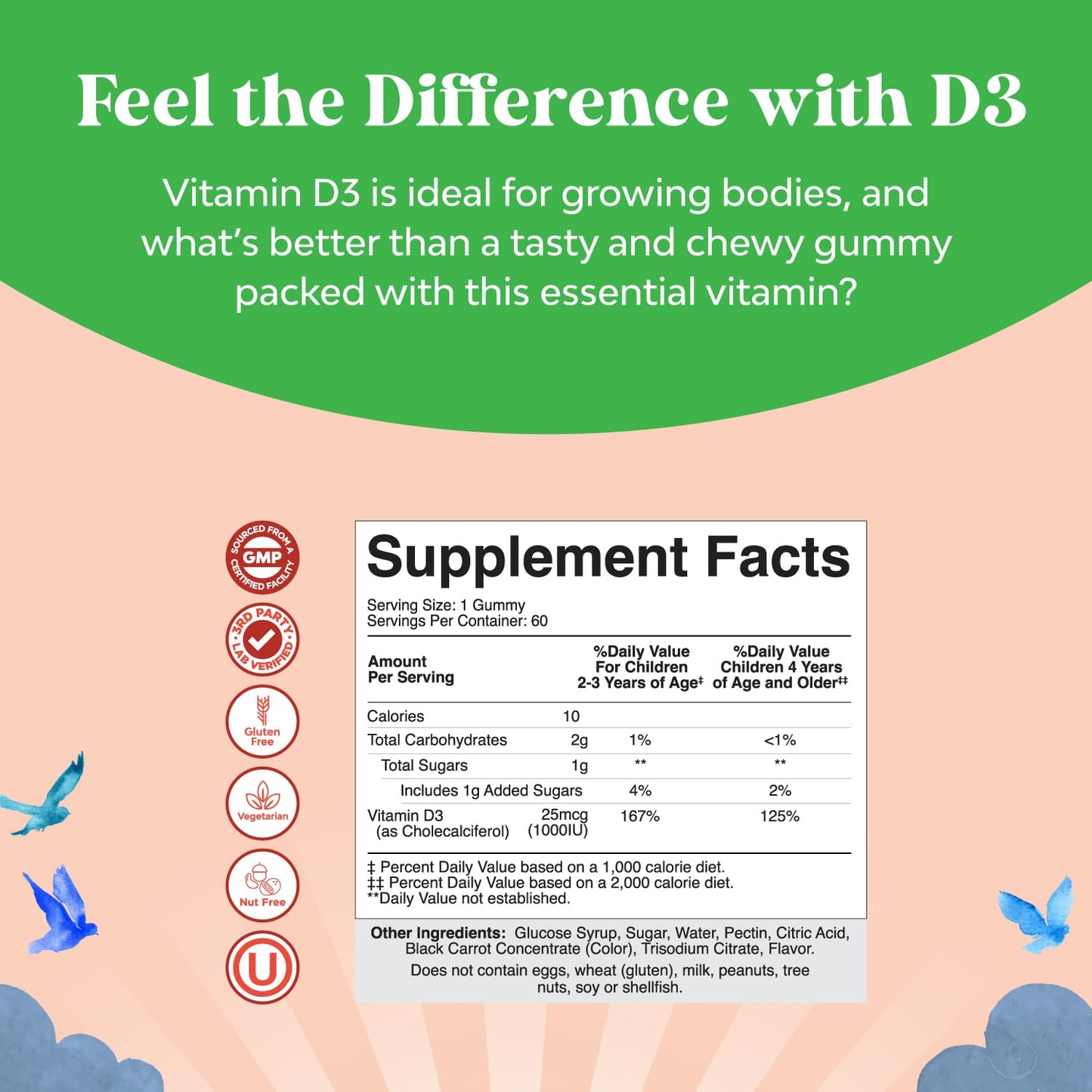 Chewable Vitamin D Gummies for Kids - Delicious Vitamin D 1000 IU Per Serving - Toddlers Immune Support Gummies - Berries Flavored Supplement for Bones Health & Muscles - Gelatin Free - 60 Chews