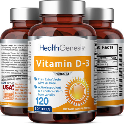 Vitamin D-3 10000 IU 120 Softgels – High-Potency in Extra Virgin Olive Oil (Pack of 2)