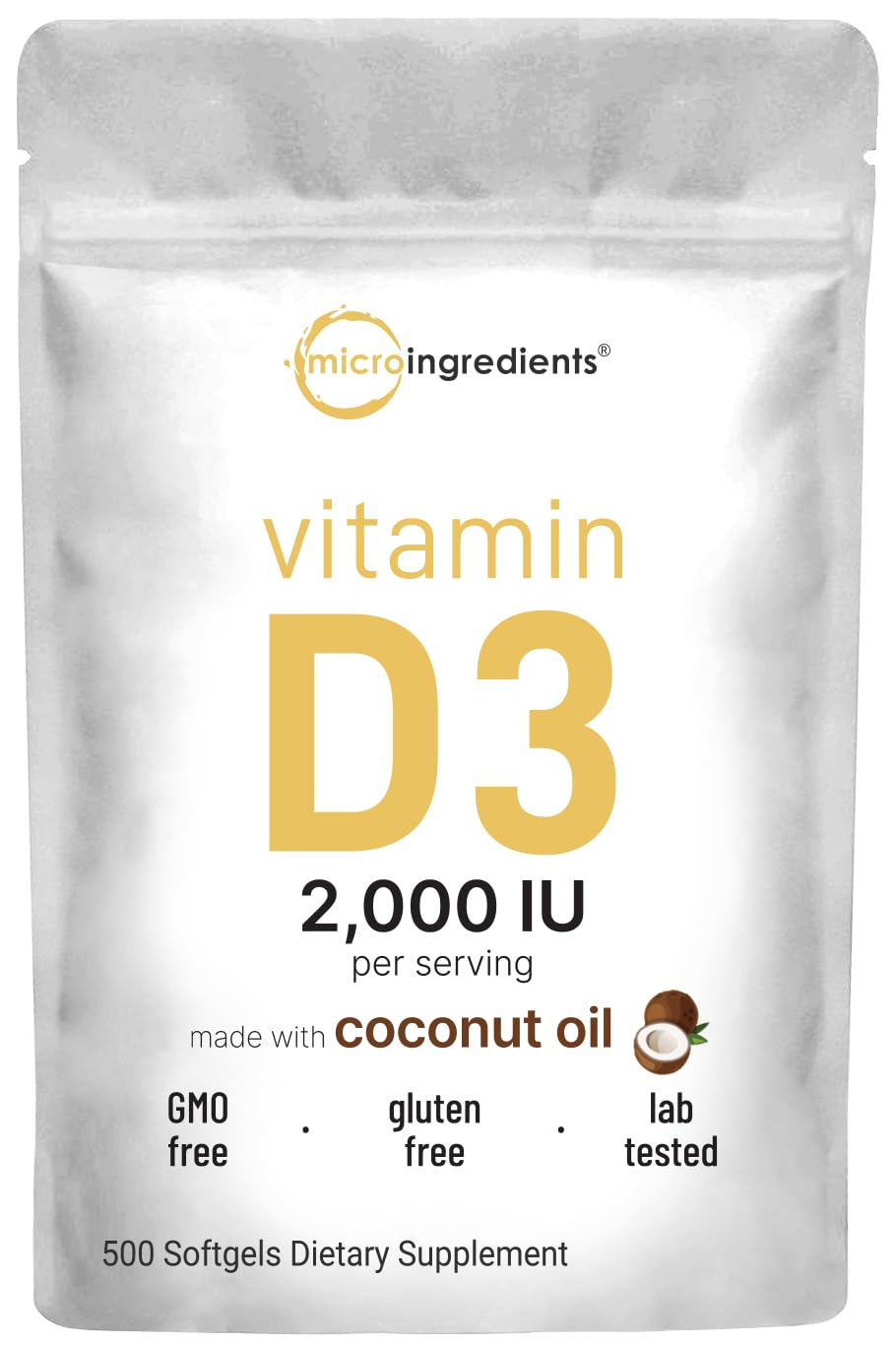 Vitamin D3 2000 IU – 500 Softgels | Virgin Coconut Oil | Cholecalciferol | Non-GMO