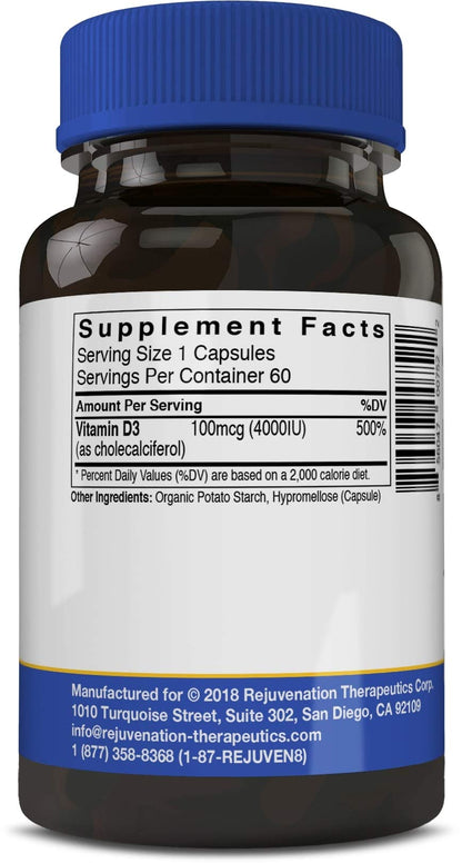 Rejuvenation Therapeutics Vitamin D3 4000IU - Supports Bone Health (60 Vegan Capsules)