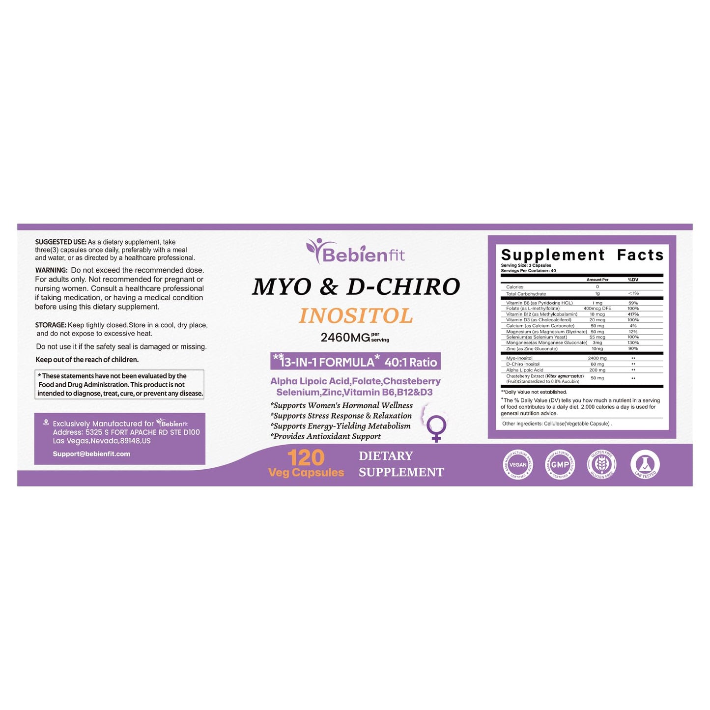 13-in-1 Myo-Inositol & D-Chiro Inositol for Women – PCOS, Hormonal Balance, 40:1 Ratio, 120 Veg Caps