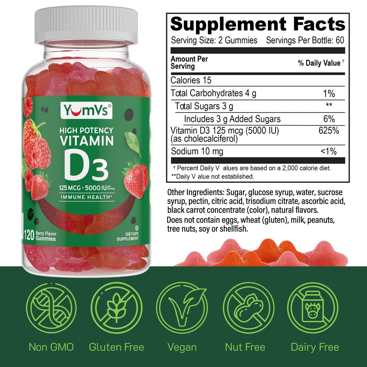 Vitamin D3 Gummies 5000 IU (125 mcg) – Immune & Bone Health | Non-GMO, Gluten-Free, Dairy-Free