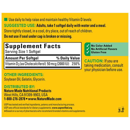 Nature Made Vitamin D3 2000 IU Softgels — Immune, Bone & Muscle Support | 250 Softgels