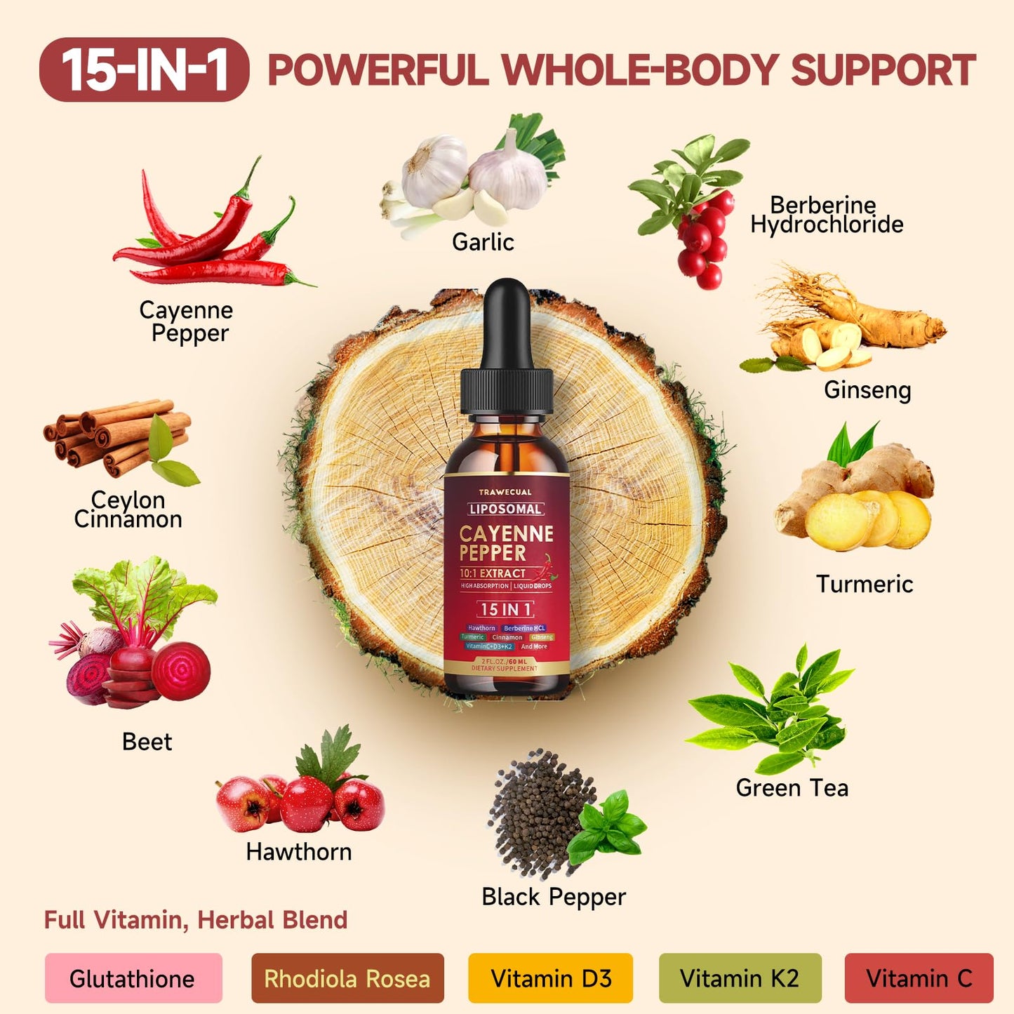 Liposomal Cayenne Pepper Liquid Drops – 15-in-1 Formula with D3, K2, Berberine for Circulation, Metabolism & Digestion | 1 fl oz