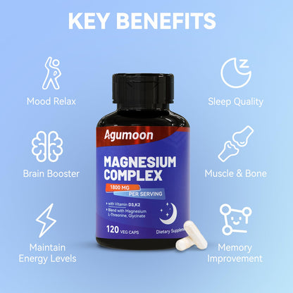 Magnesium Chelated Complex 1800mg with Vitamin D3 & K2 – L-Threonine & Glycinate, 120 Capsules