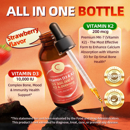 Vitamin D3 K2 Drops with MCT Oil 10000 IU – Immune & Bone Health (Strawberry, 4 oz) – Non-GMO