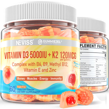 NEVISS Vitamin D3 5000IU + K2 (MK-7) 120mcg Gummies – Sugar-Free, B Complex, 2-Pack
