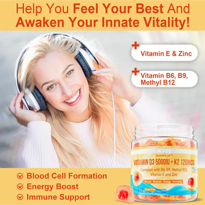 NEVISS Vitamin D3 5000IU + K2 (MK-7) 120mcg Gummies – Sugar-Free, B Complex, 2-Pack