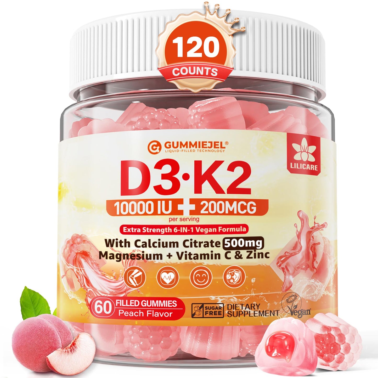 LILICARE Vitamin D3 K2 Filled Gummies – Vegan, Ultra-Strength D3/K2 with Calcium & Magnesium, Pack of 2